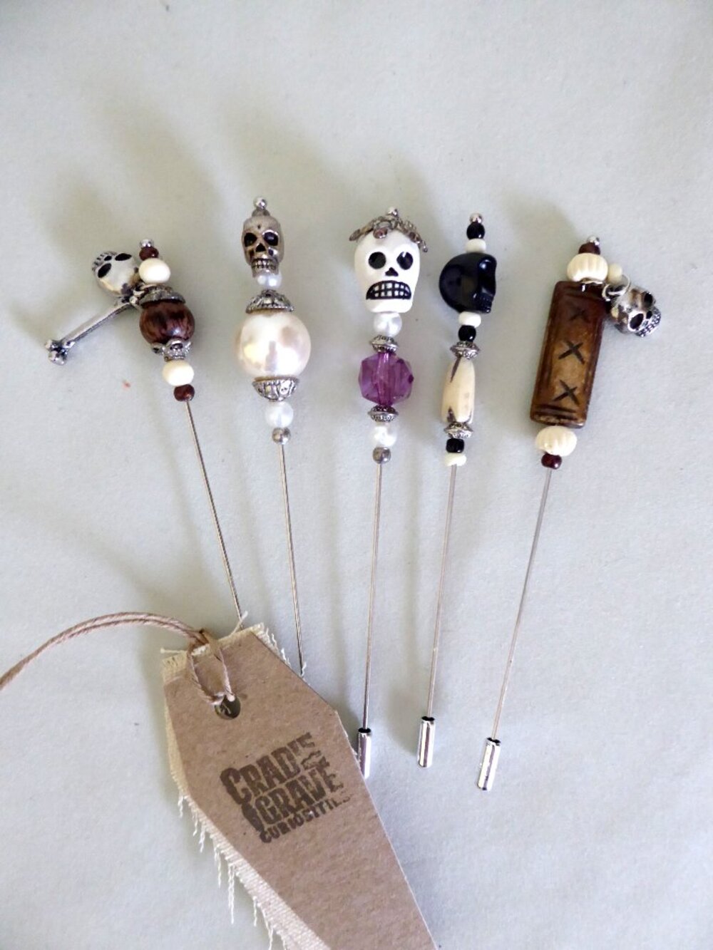 NEW 5” HANDCRAFTED GOTHIC SKULL TOPPED VOODOO DOLL PIN LOT OF 5 PROP ODDITY